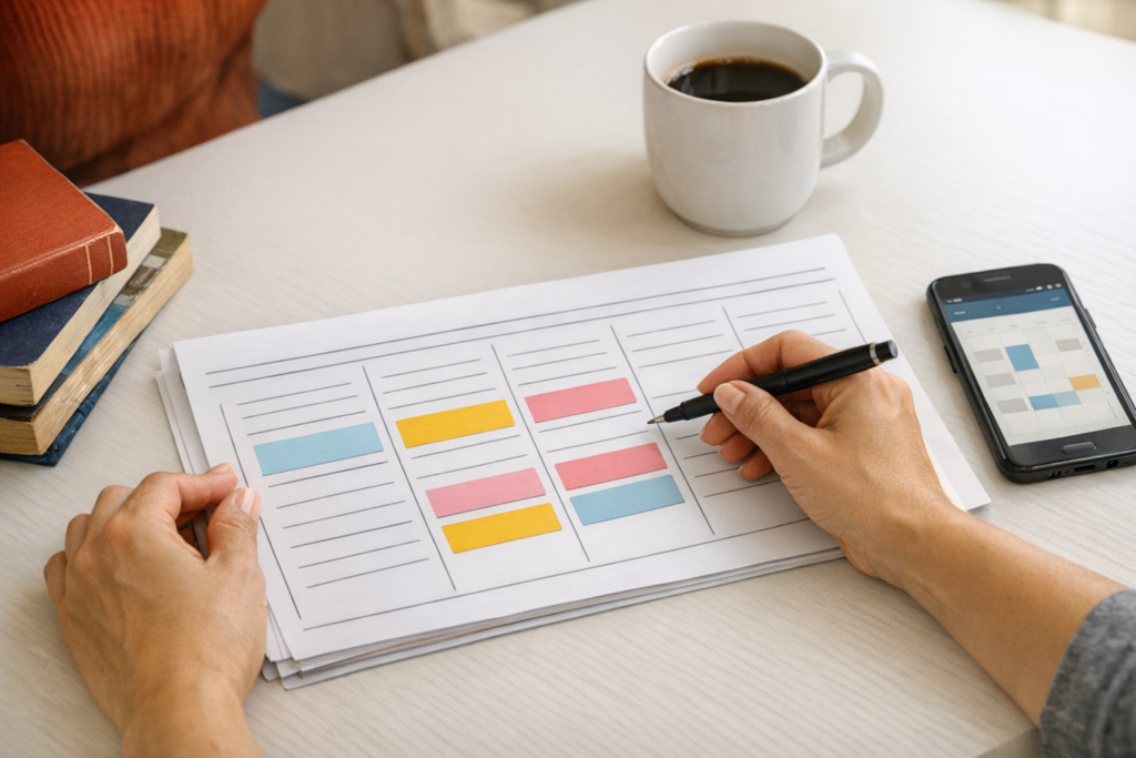 Planner com tarefas domésticas e blocos de estudo para concurso