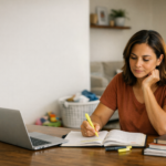 Mãe organizando a rotina da casa enquanto estuda para concurso público