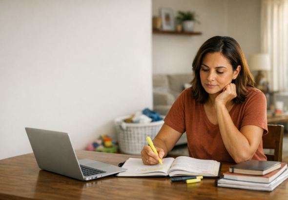 Mãe organizando a rotina da casa enquanto estuda para concurso público