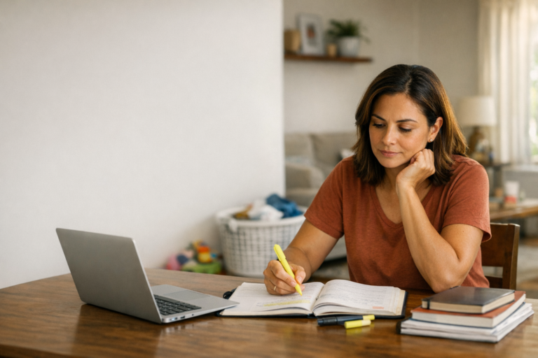 Mãe organizando a rotina da casa enquanto estuda para concurso público