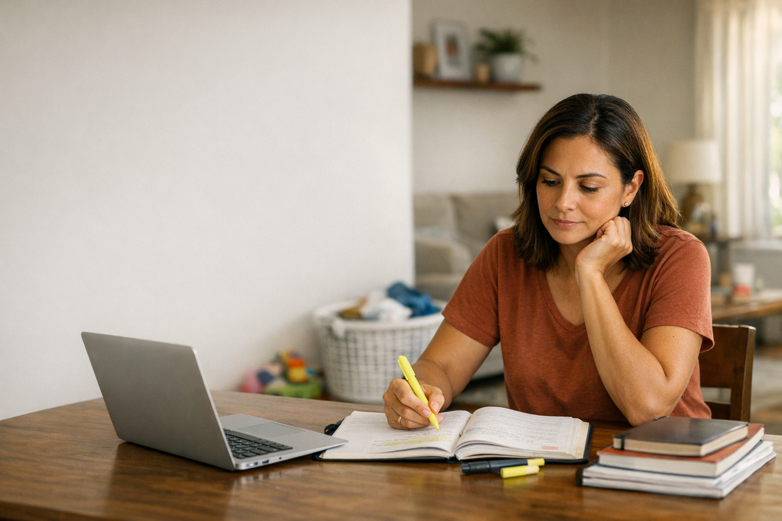 Mãe organizando a rotina da casa enquanto estuda para concurso público